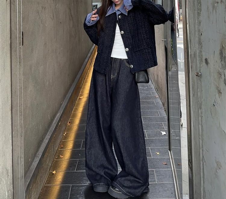 Collared Plaid Mock Two Piece Panel Tweed Button Jacket