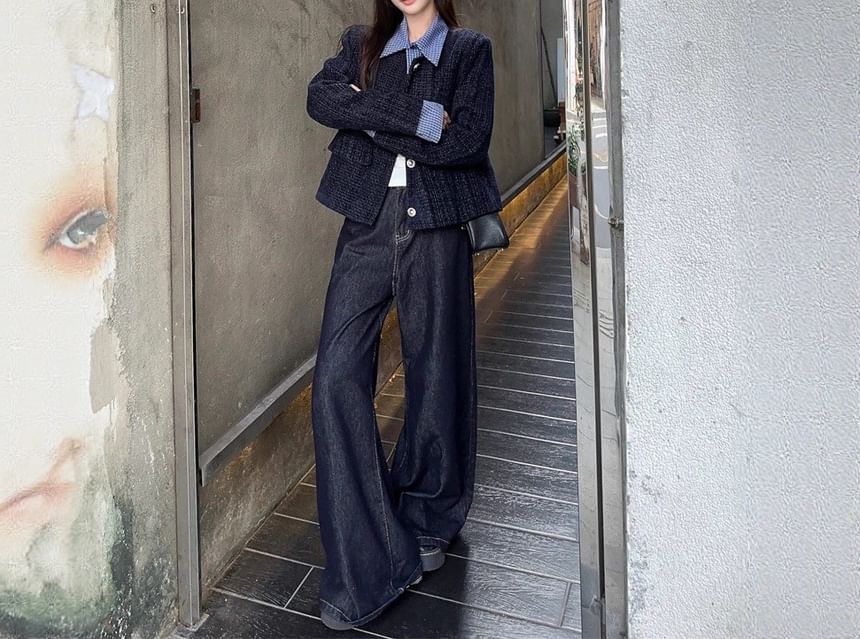 Collared Plaid Mock Two Piece Panel Tweed Button Jacket