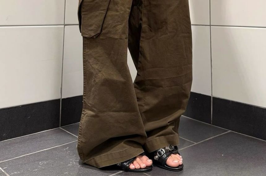 High Waist Leopard Pocket Wide Leg Cargo Pants