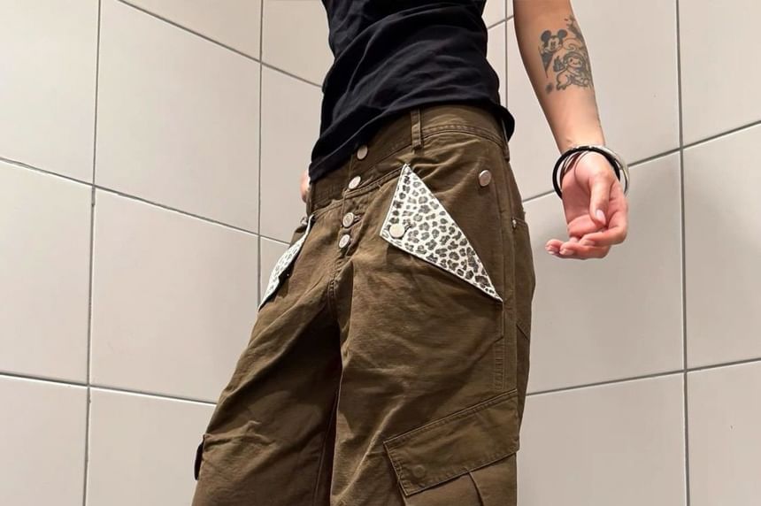 High Waist Leopard Pocket Wide Leg Cargo Pants