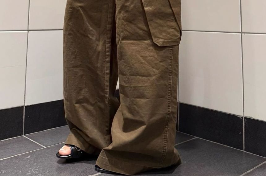 High Waist Leopard Pocket Wide Leg Cargo Pants