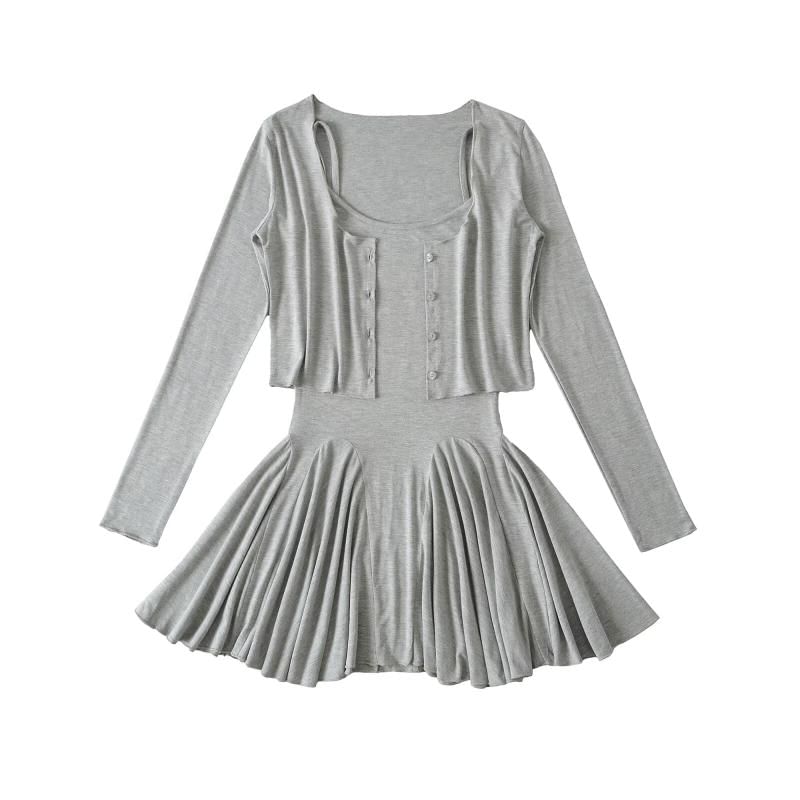 Spaghetti Strap Plain Mini A-Line Dress & Round Neck Crop Cardigan Set