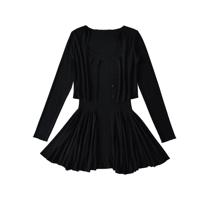 Spaghetti Strap Plain Mini A-Line Dress & Round Neck Crop Cardigan Set