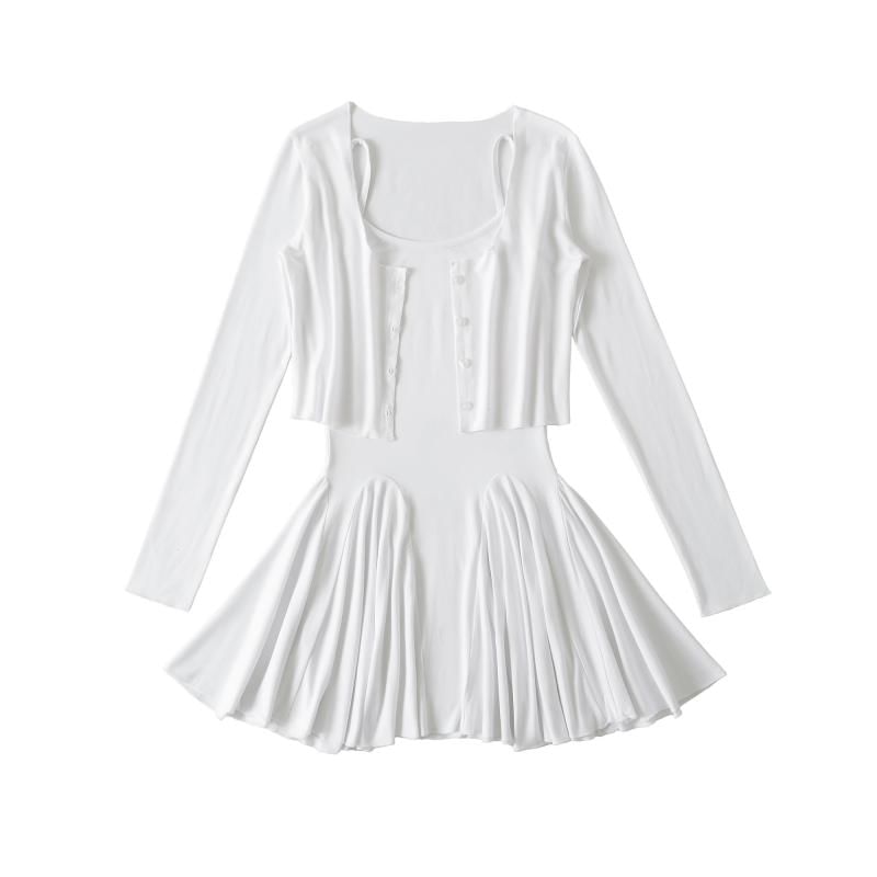 Spaghetti Strap Plain Mini A-Line Dress & Round Neck Crop Cardigan Set