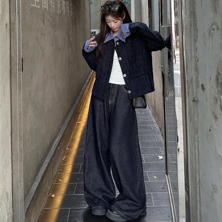 Plaid Collar Button-Up Tweed Jacket