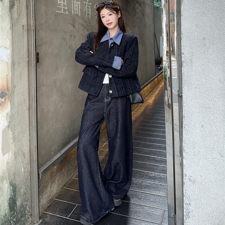 Plaid Collar Button-Up Tweed Jacket