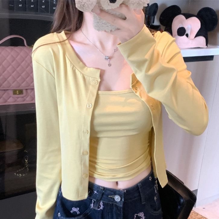 Plain Crop Cardigan & Camisole Top Set