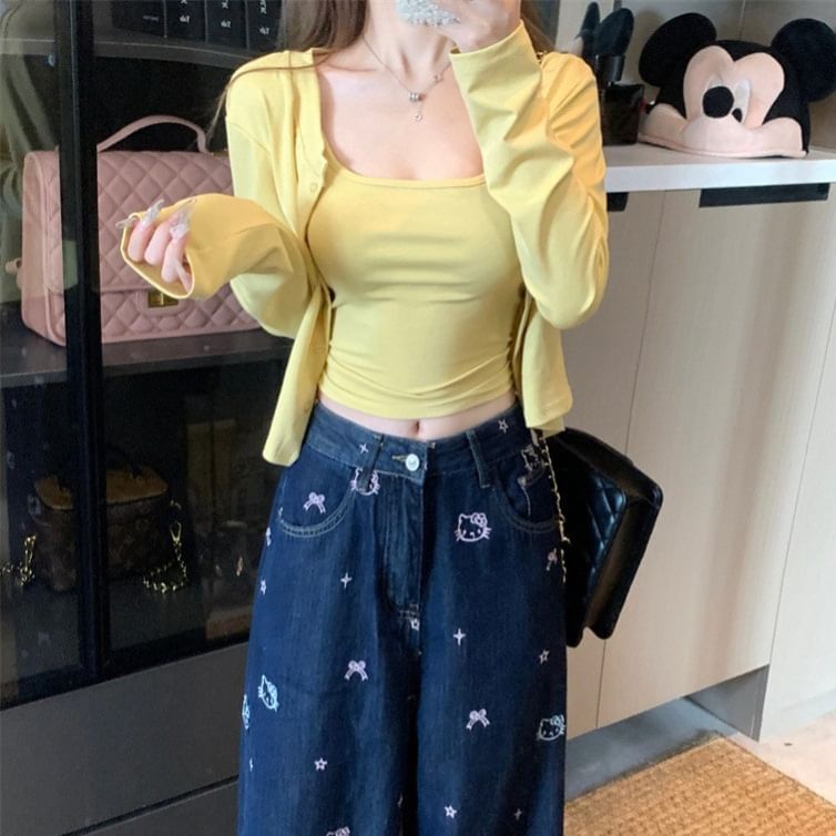Plain Crop Cardigan & Camisole Top Set