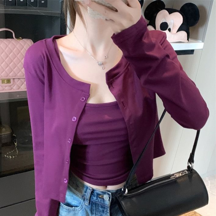 Plain Crop Cardigan & Camisole Top Set