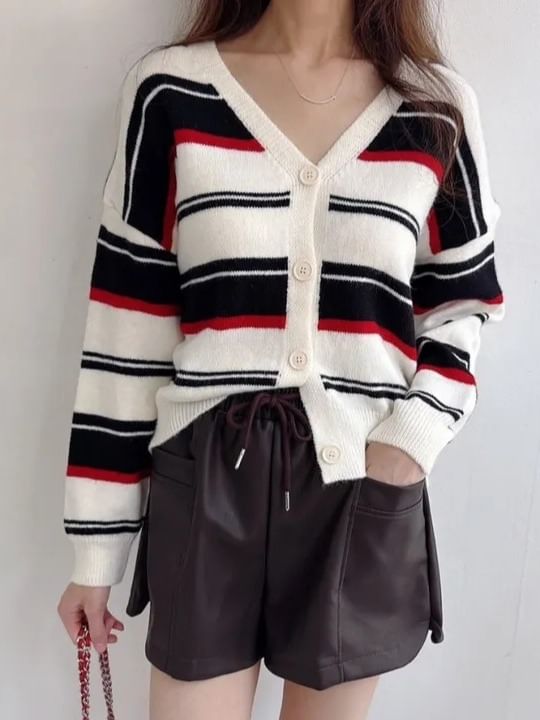 Striped V-Neck Knit Cardigan