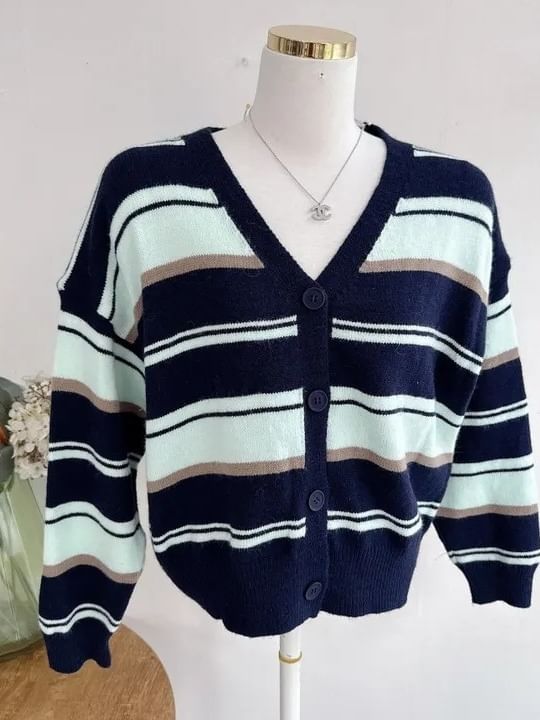 Striped V-Neck Knit Cardigan
