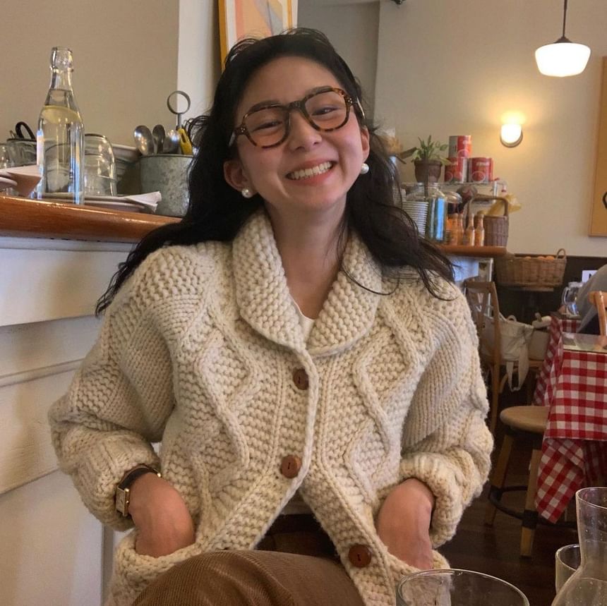 Cable-Knit Collared Plain Cardigan