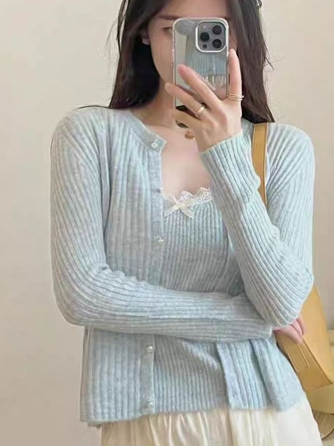 Lace Knit Cami Top and Faux Pearl Button Cardigan Set