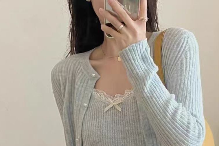 Lace Knit Cami Top and Faux Pearl Button Cardigan Set