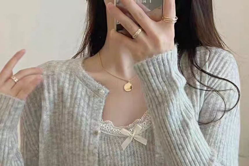 Lace Knit Cami Top and Faux Pearl Button Cardigan Set