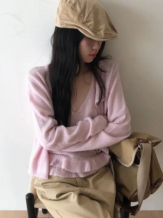 Scoop Neck Knit Cami with Ruffle Cardigan Set