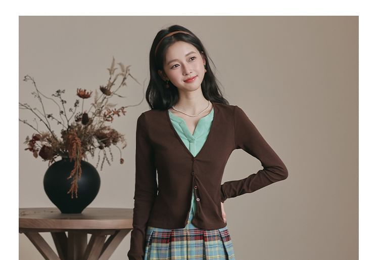 Notch Neck Two Tone Button-Up Cardigan & High Waist Plaid Pleated Midi A-Line Skirt Set