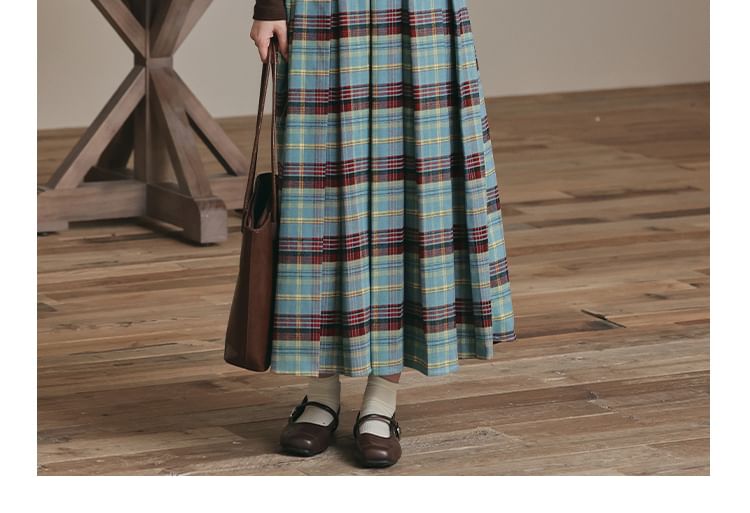 Notch Neck Two Tone Button-Up Cardigan & High Waist Plaid Pleated Midi A-Line Skirt Set