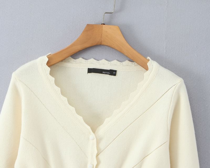 Ruffle Trim V-Neck Button-Up Plain Crop Cardigan