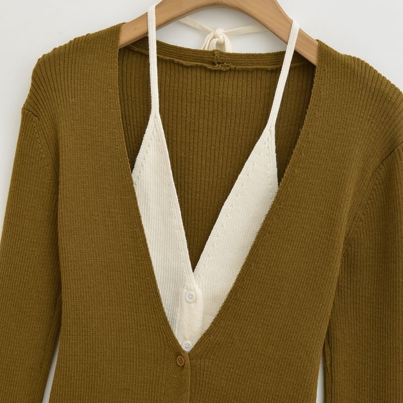 Halter V-Neck Two Tone Mock Two-Piece Button-Up Cardigan