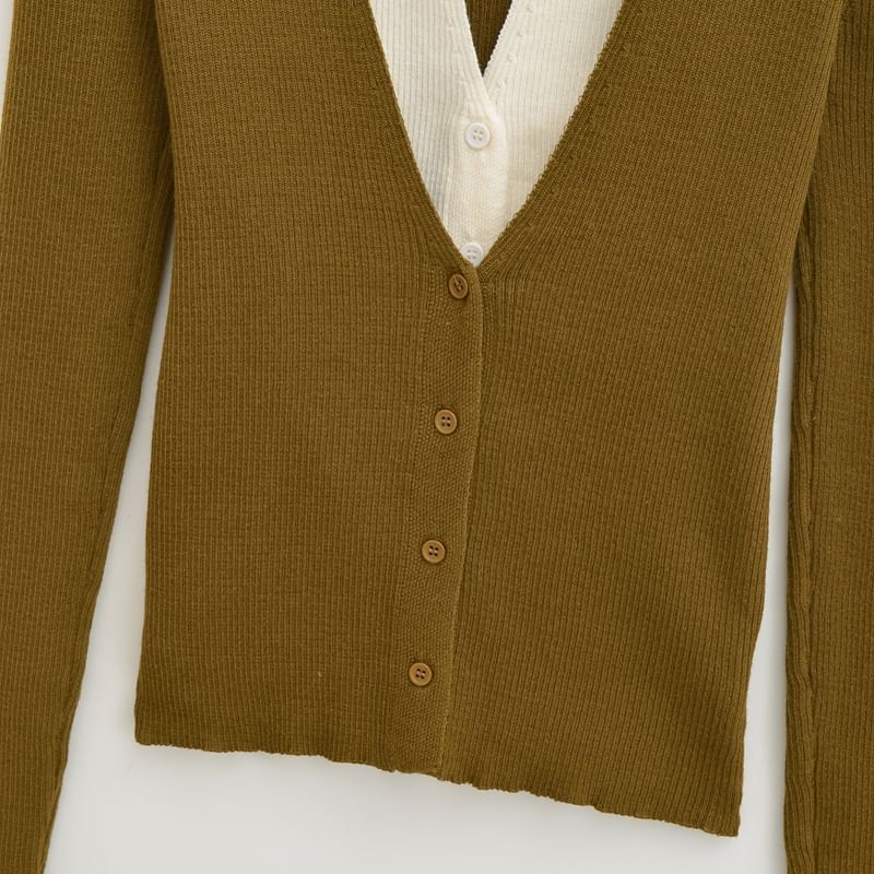 Halter V-Neck Two Tone Mock Two-Piece Button-Up Cardigan