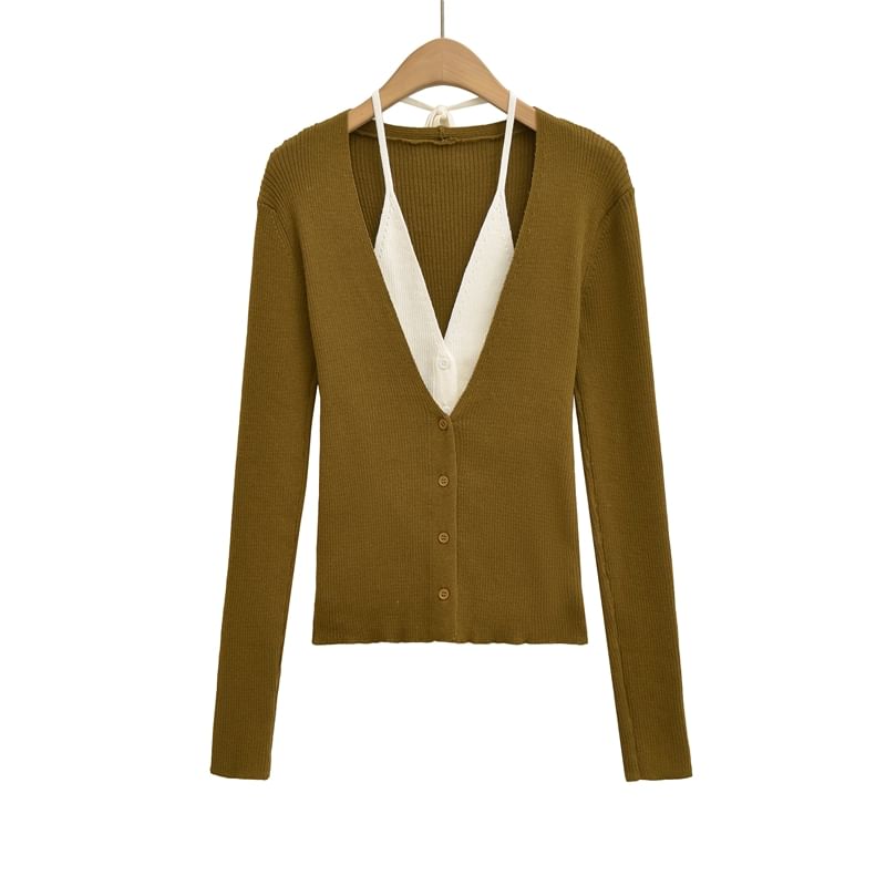 Halter V-Neck Two Tone Mock Two-Piece Button-Up Cardigan