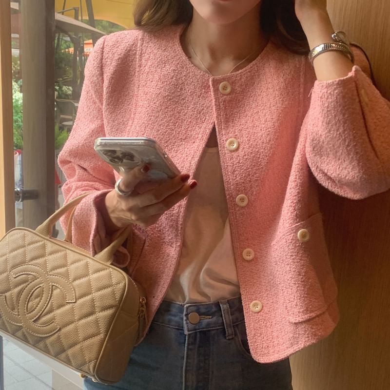 Round Neck Tweed Button Jacket