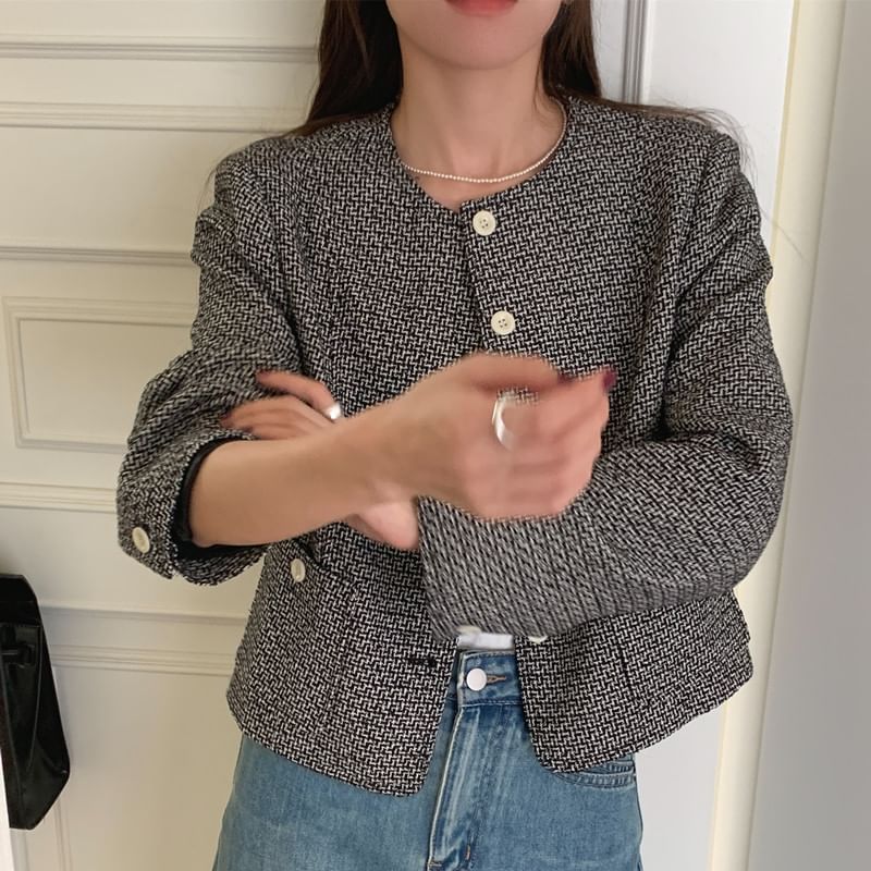 Round Neck Tweed Button Jacket
