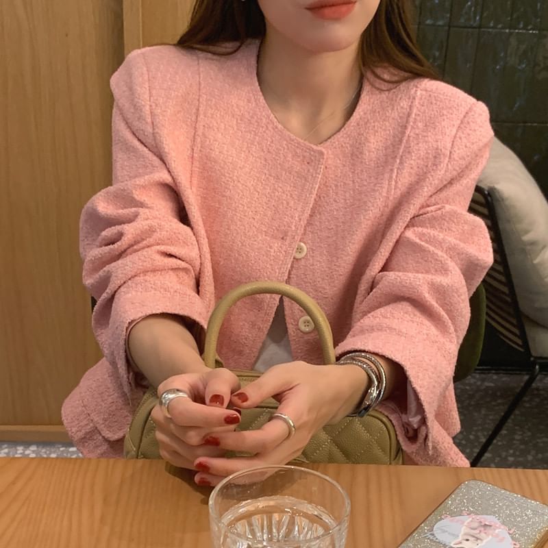 Round Neck Tweed Button Jacket