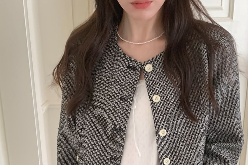 Round Neck Tweed Button Jacket
