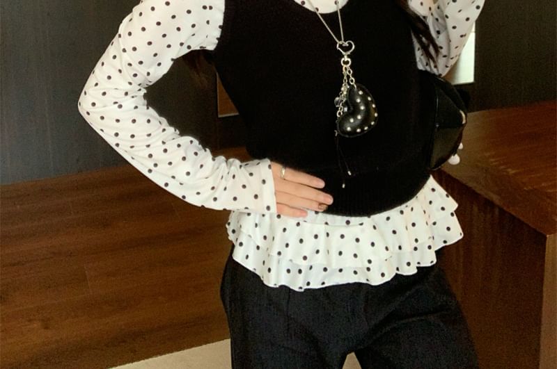 Dotted Ruffle Crew Neck Long Sleeve Tee / Scoop Neck Sweater Vest