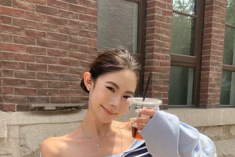 Off-Shoulder Long Sleeve Striped Panel Top