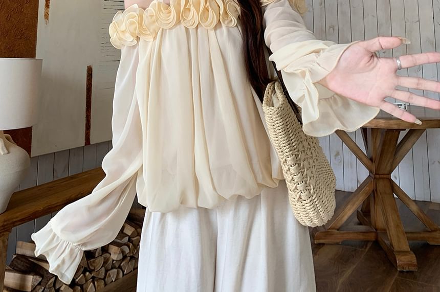 Off-Shoulder Long Sleeve Ruffle Blouse