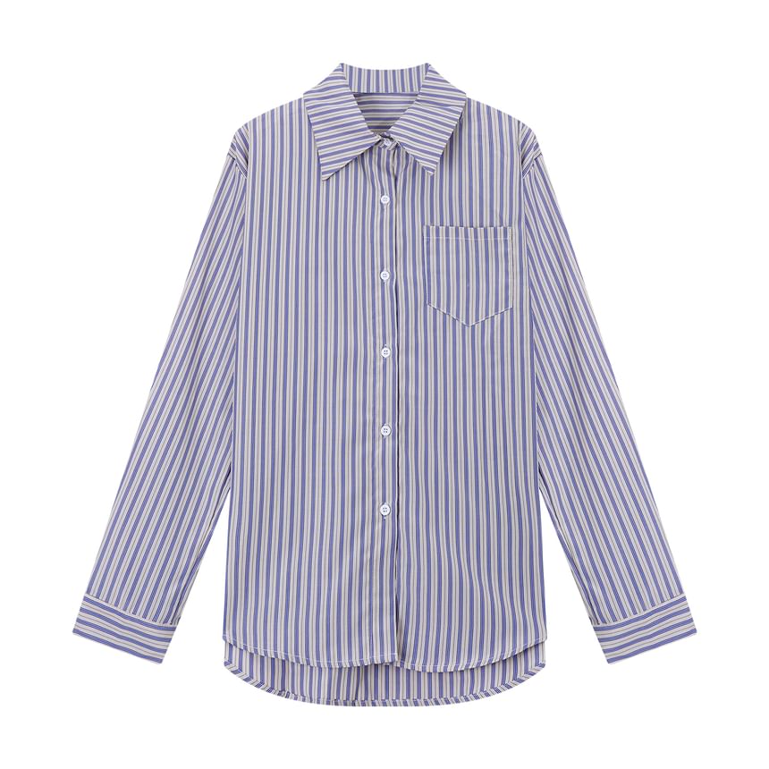 Collared Long Sleeve Striped Shirt / Belted High-Rise Mini Pencil Skirt