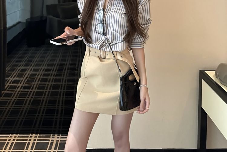 Collared Long Sleeve Striped Shirt / Belted High-Rise Mini Pencil Skirt