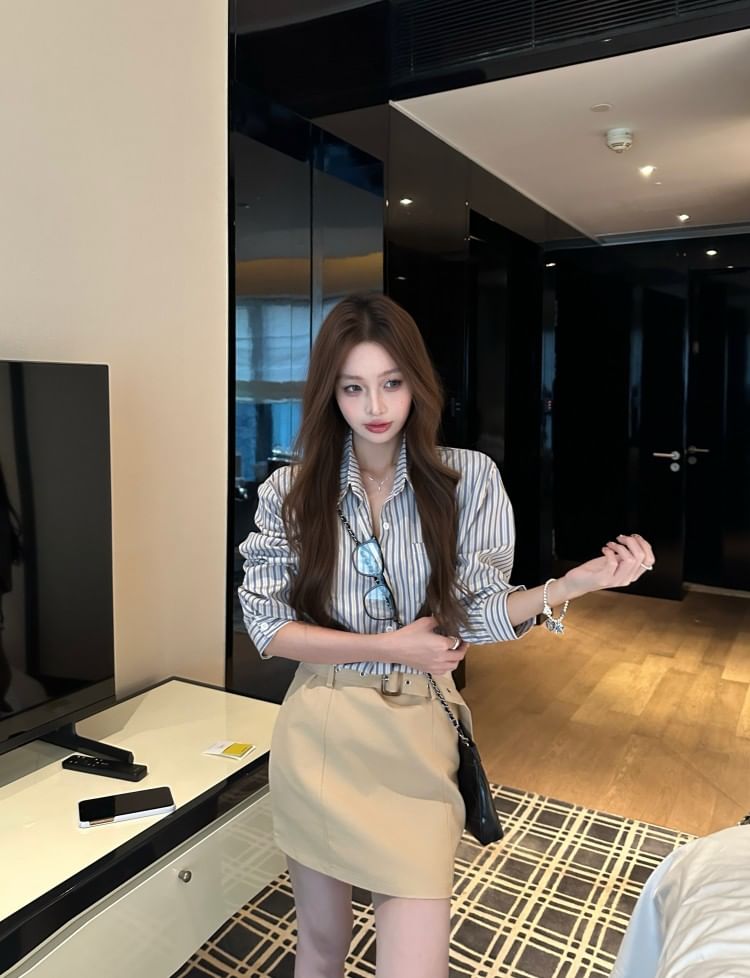 Collared Long Sleeve Striped Shirt / Belted High-Rise Mini Pencil Skirt