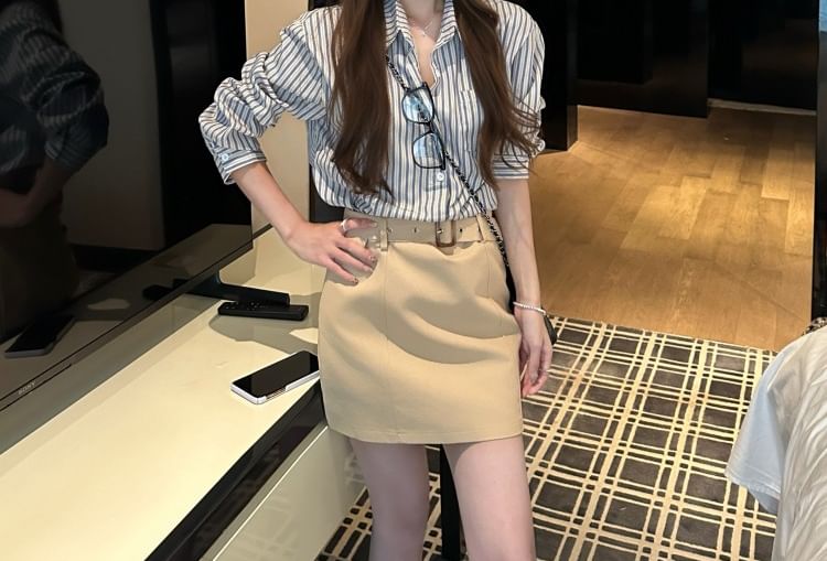 Collared Long Sleeve Striped Shirt / Belted High-Rise Mini Pencil Skirt