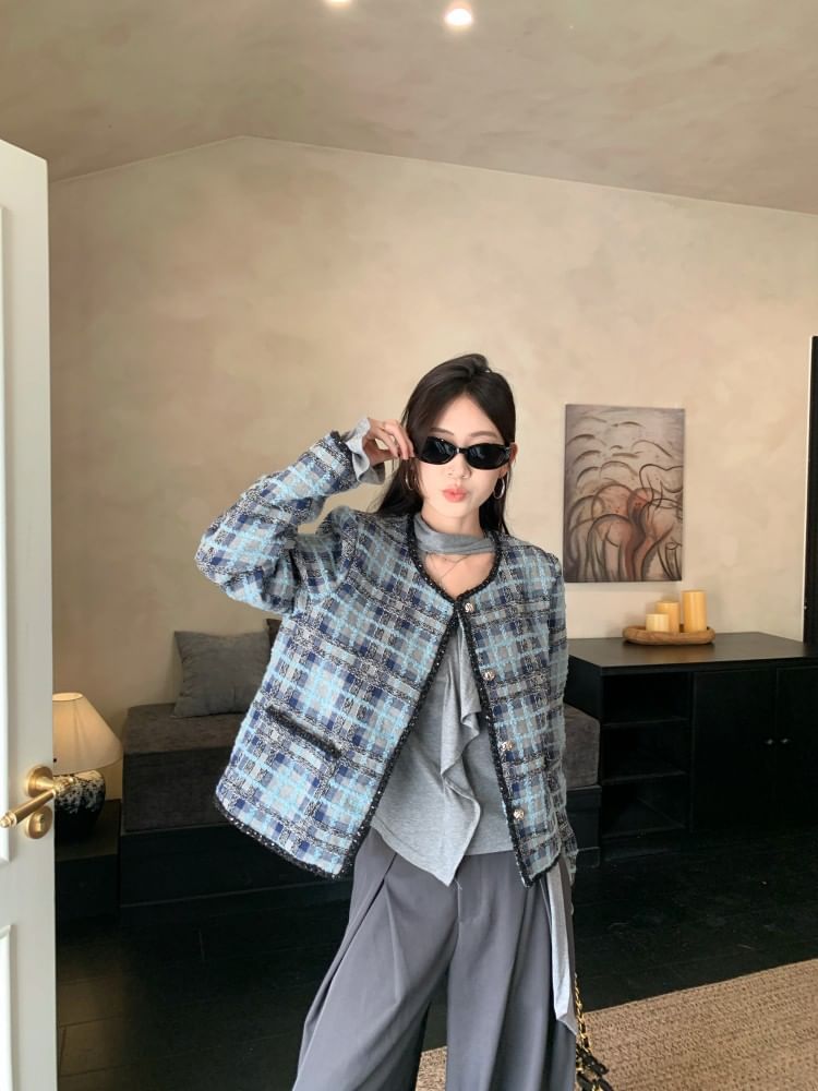 Plaid Tweed Button Jacket / Long-Sleeve Ruffle Trim Slim Fit T-Shirt / High Rise Wide Leg Slacks