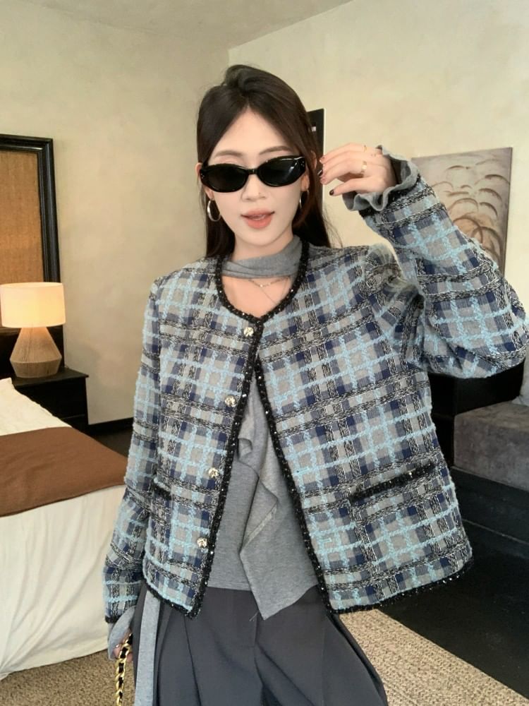 Plaid Tweed Button Jacket / Long-Sleeve Ruffle Trim Slim Fit T-Shirt / High Rise Wide Leg Slacks