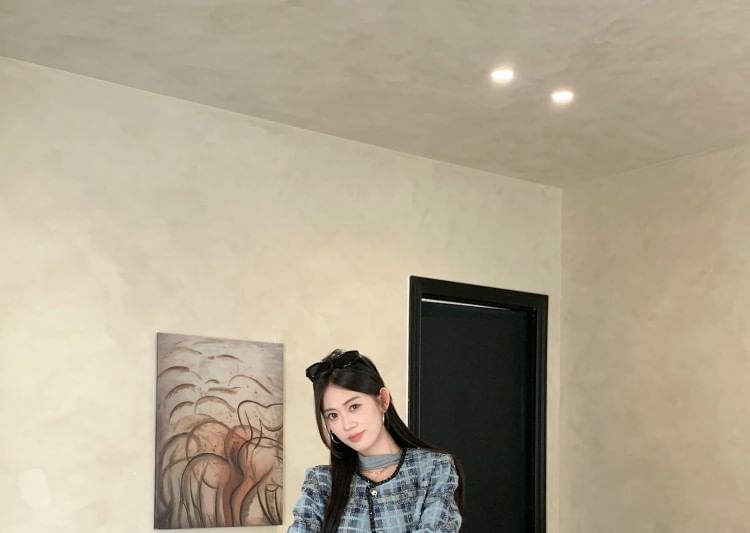 Plaid Tweed Button Jacket / Long-Sleeve Ruffle Trim Slim Fit T-Shirt / High Rise Wide Leg Slacks