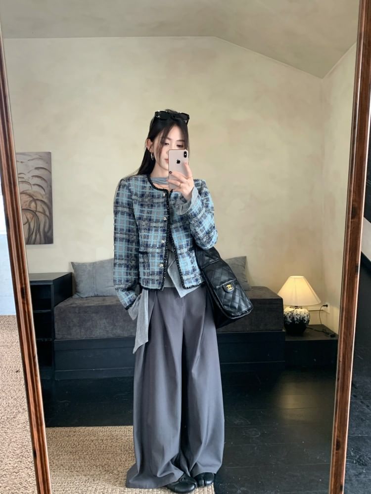 Plaid Tweed Button Jacket / Long-Sleeve Ruffle Trim Slim Fit T-Shirt / High Rise Wide Leg Slacks