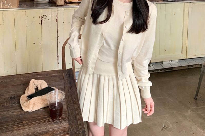 Crew Neck Knit Tank, Pleated Mini Skirt, and Cardigan Set