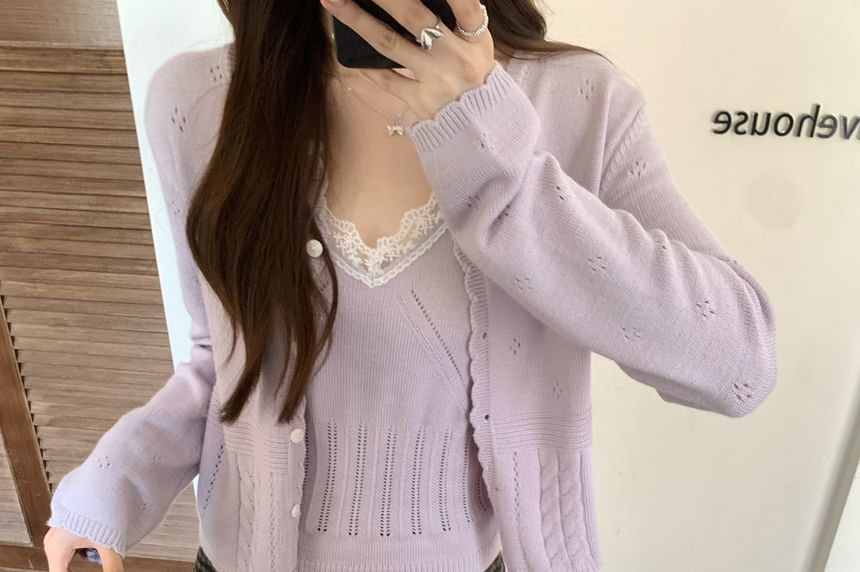 Lace Trim Pointelle Knit Cami with Cardigan