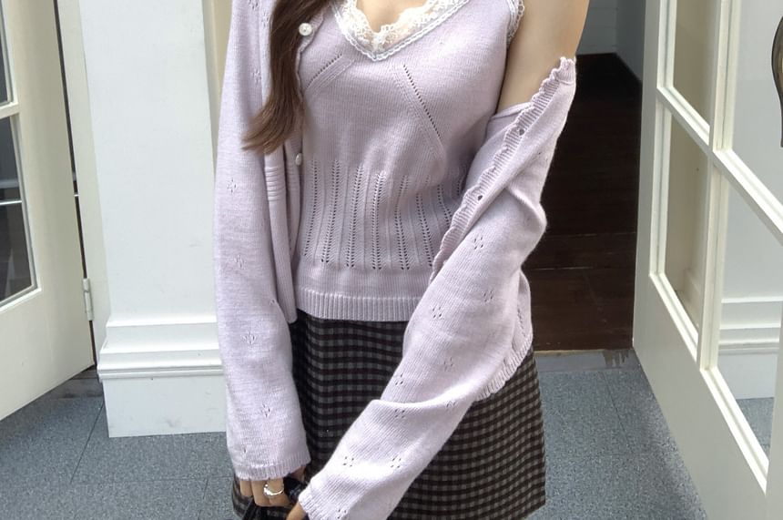 Lace Trim Pointelle Knit Cami with Cardigan