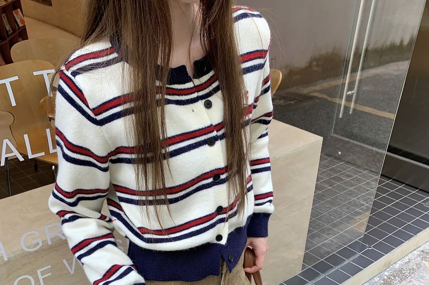 Striped Crew Neck Knit Cardigan
