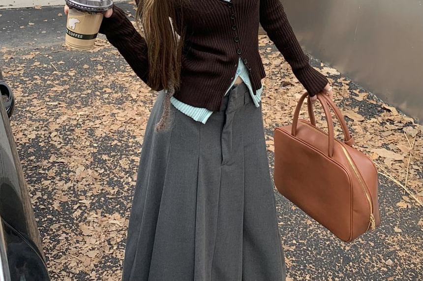 Mock Two-Piece V-Neck Two Tone Ribbed Cardigan