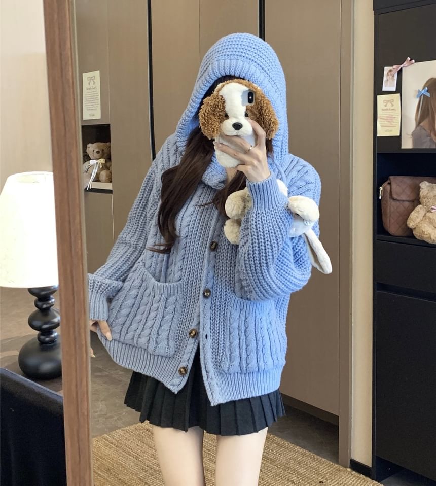 Hooded Cable-Knit Plain Cardigan