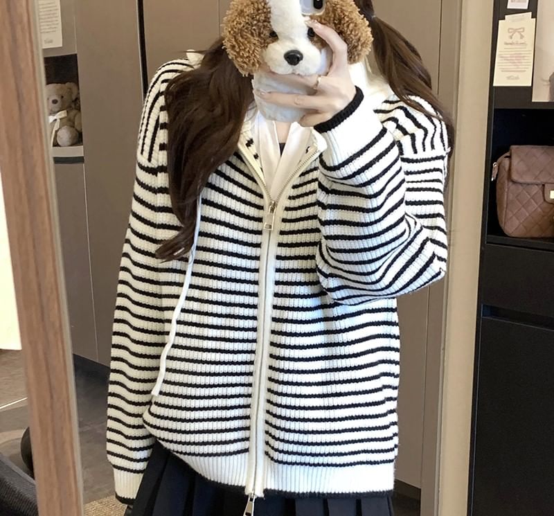 Zip-Front Striped Hooded Knit Cardigan