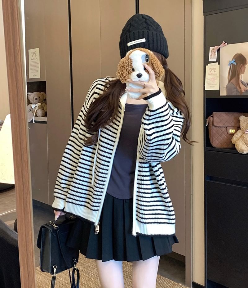 Zip-Front Striped Hooded Knit Cardigan