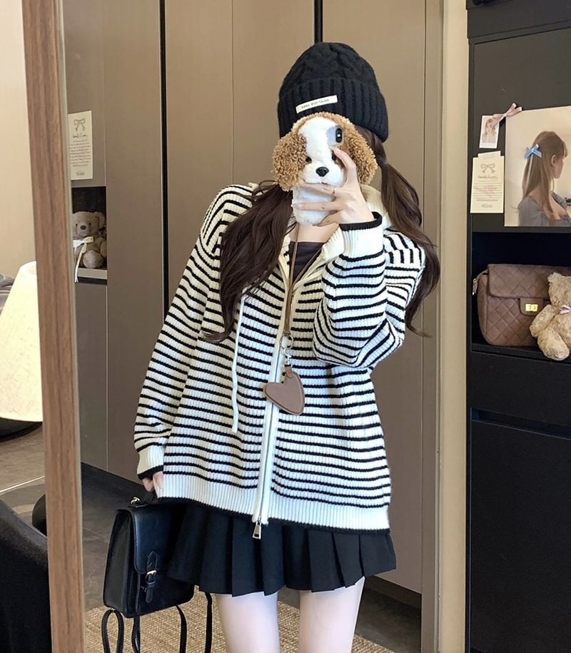 Zip-Front Striped Hooded Knit Cardigan